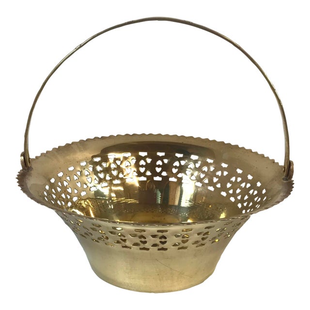 Vintage Brass Basket With Handle For Sale