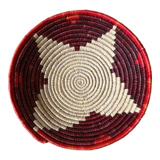 African Coiled Straw Basket, 12 In. Diameter, Red, Burgundy and Natural For Sale