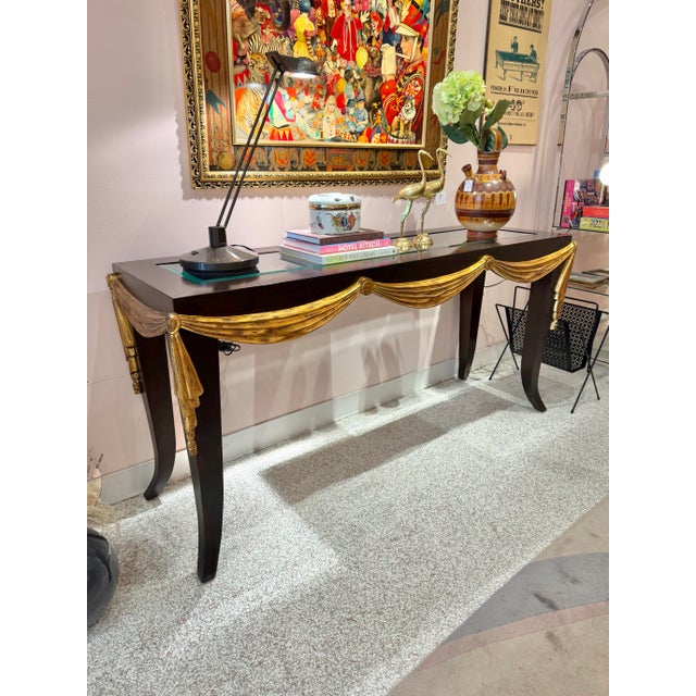 Vintage Dark Wood Console Table With Gold Gilt Draped Valance Detail For Sale - Image 11 of 11