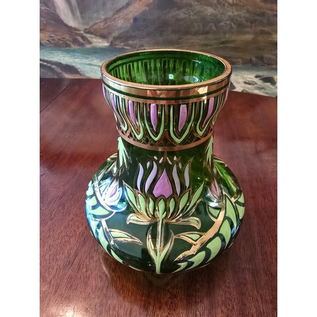 Glass Antique Moser Bohemian Glass Emerald Green Gilded Vase For Sale - Image 7 of 11