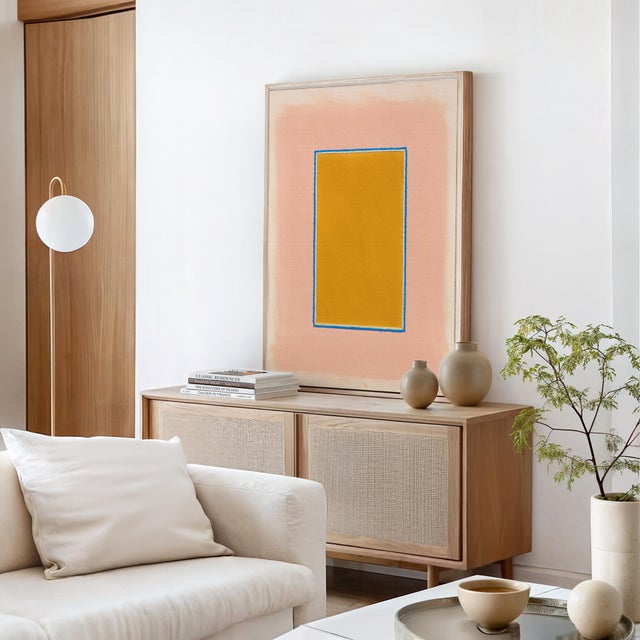 Mid-Century Modern Mustard Gold & Blush Pink Minimalist Color Field Art Print, Emily Keating Snyder, 38 X 30 Print in Wood Frame For Sale - Image 3 of 4