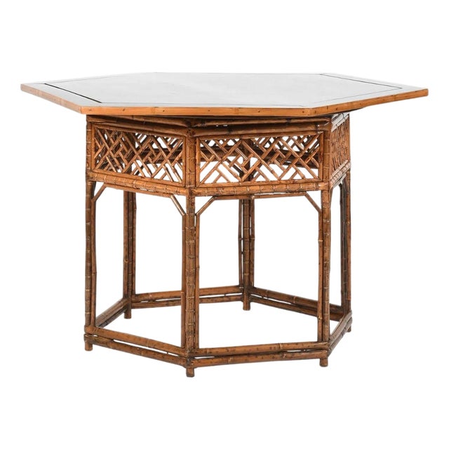 Asian Bamboo Fretwork Hexagonal Table With Removable Lacquered Top For Sale
