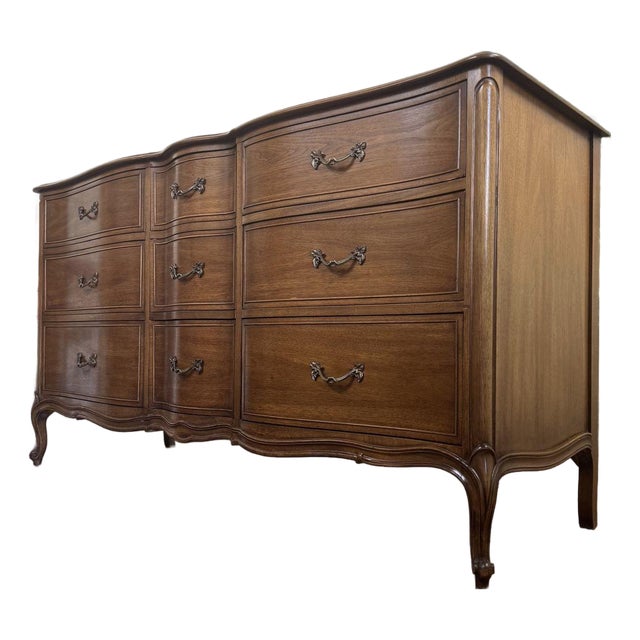 French Provincial Vintage Drexel Bordeaux 9-Drawer Serpentine Lowboy Dresser For Sale