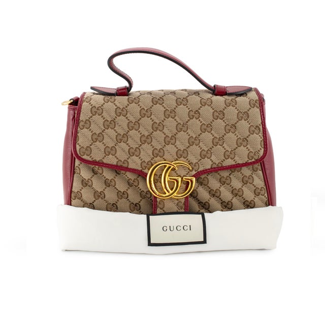 Gucci Gg Marmont Mini Beige Gg Canvas Red Leather Top Handle Bag For Sale - Image 12 of 13