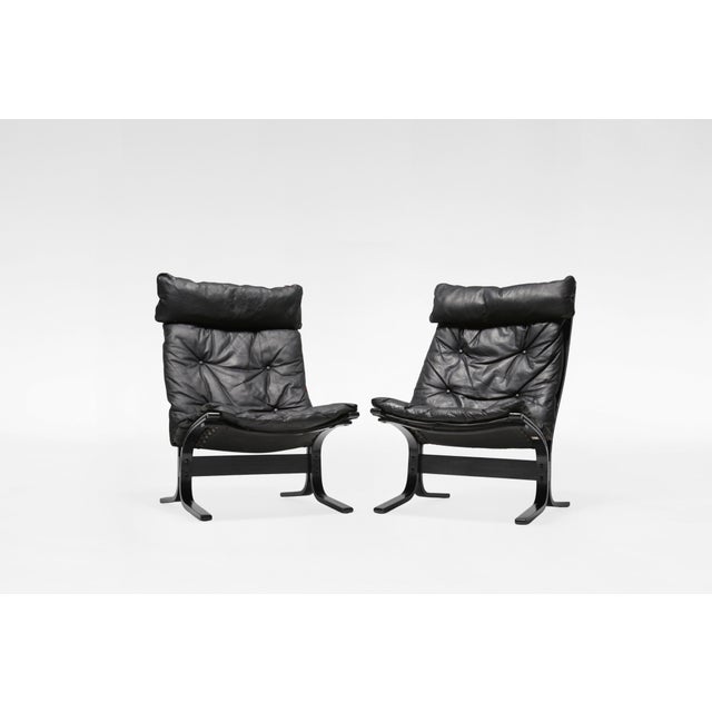 Highback Siesta Chairs and Ottoman in Black Leather and Plywood by Ingmar Relling for Westnofa, 1960s, Set of 3 For Sale - Image 3 of 9