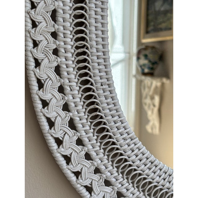 Wood Vintage Boho White Wicker Wall Mirror For Sale - Image 7 of 10