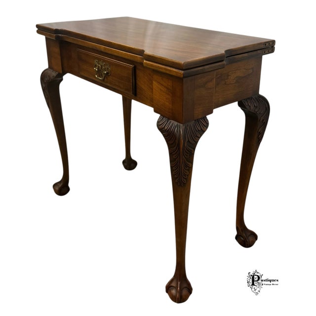 American Vintage Statton Needham Bicentennial Collection Chippendale Style Oxford Cherry Flip Top Card / Console Table For Sale - Image 3 of 12