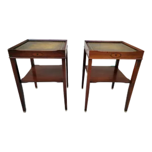 Mid 20th Century Two Tiered Leather Top Side Tables -- a Pair