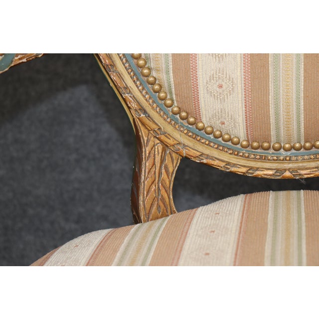 Pair of 19th C. French Louis XVI Paint Decorated & Gilt Carved Armchairs For Sale - Image 9 of 12