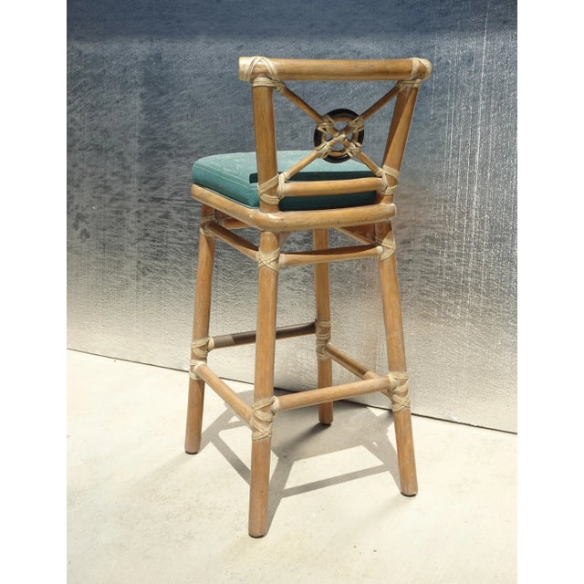 Pair Vintage McGuire Target Back Bamboo Barstools W Leather Straps & Brass Footrests For Sale - Image 12 of 12