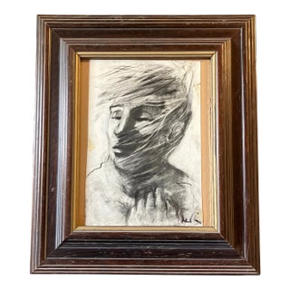 1970’s Mid Century Modern Abstract Male Portrait Charcoal Drawing Framed For Sale