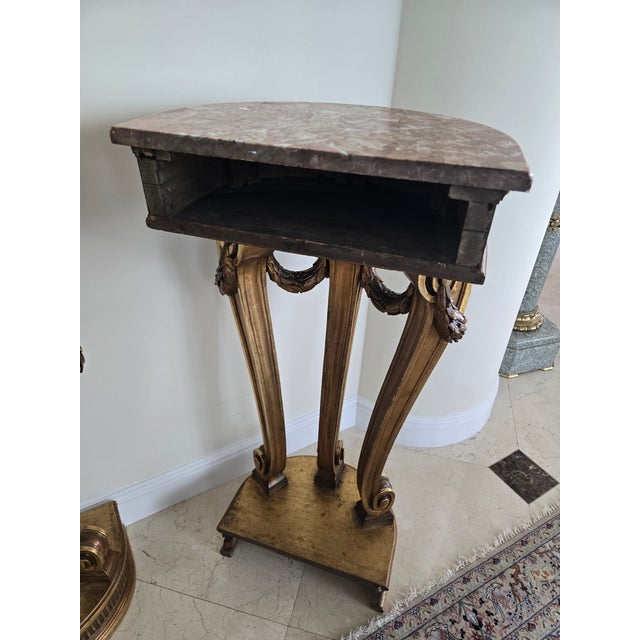Pair of French Louis 16th Style Giltwood Rouge Marble Top Corner Tables - A Pair For Sale - Image 12 of 14