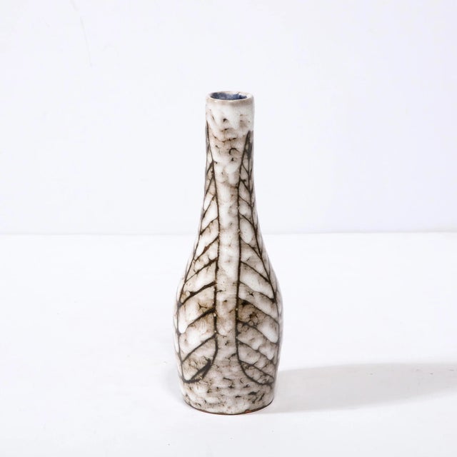 Mid-Century Modernist White and Earth Toned Tapered Ceramic Vase With Leaf Motif For Sale In New York - Image 6 of 13