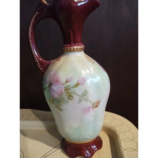 French Country Regency Hand Painted Vase Pitcher Burgundy Pink Hand Painted Roses Footed Artist M. Stroud For Sale - Image 3 of 7