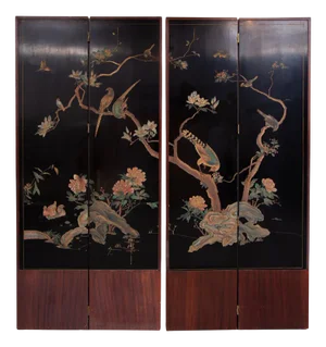 Mid-Century Chinese Modern Four Panel Screen with Landscape & Birds, 1940