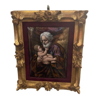 1930s Spectacular Miniature Painting St Joseph With Infant Jesus C. 1635 by Guido Reni With Early Italian Gold Leaf Frame For Sale