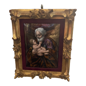 1930s Spectacular Miniature Painting St Joseph With Infant Jesus C. 1635 by Guido Reni With Early Italian Gold Leaf Frame