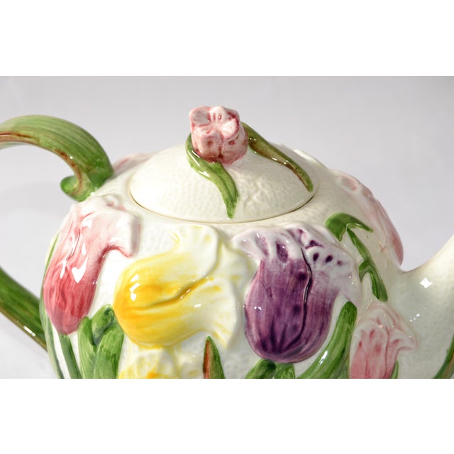 Ceramic 1993 Vintage Fitz & Floyd Majolica Ceramic Embossed Tulip Flowers Tea Coffee Pot For Sale - Image 7 of 18