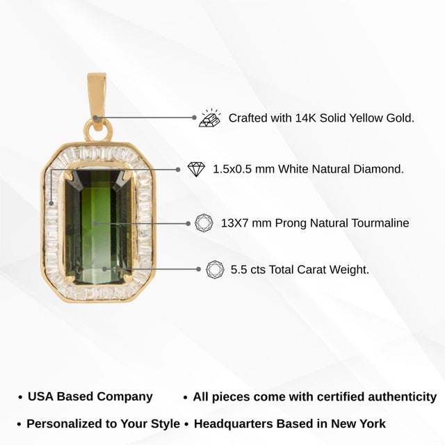5.5ct Emerald Cut Green Tourmaline & Baguette Diamond Pendant in 14k Yellow Gold For Sale - Image 10 of 12