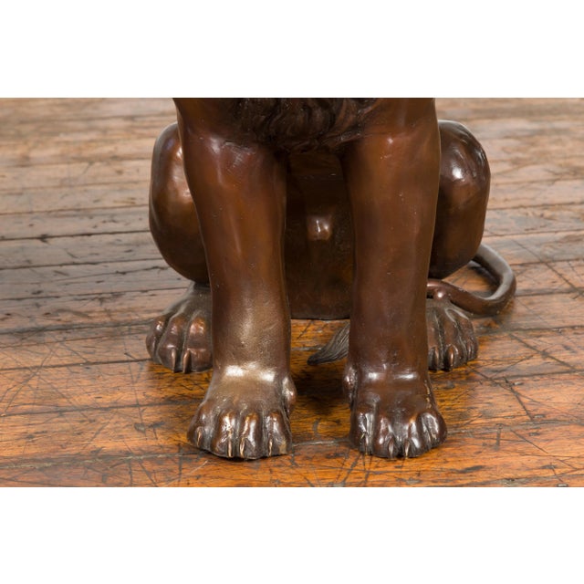 Contemporary Lost Wax Cast Outdoor Sitting Lions with Dark Bronze Patina - A Pair For Sale - Image 12 of 13