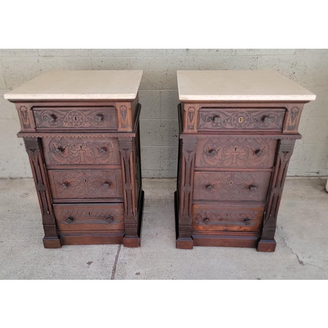 Traditional Aesthetic Movement Victorian Era Carved Nightstands / Dressers Late 1800's - A Pair For Sale - Image 3 of 18