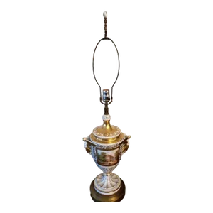 Antique English Porcelain Hand Painted 24k Gold Plated Trophy Lamp, Circa 1920s