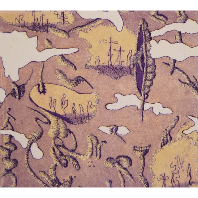 "Departure #7" - Lithograph on Paper Purple and tan lithograph depicting abstracted figures floating in space by Jim Crabb...