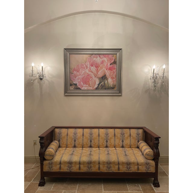 Early 20th Century French Empire Hand-Carved Mahogany Frame Damask Griffin Dragon Settee For Sale - Image 11 of 17