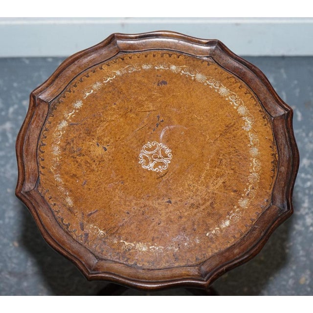 Vintage Brown Gold Leather Top Side Stand on Tripod Feet For Sale - Image 9 of 10