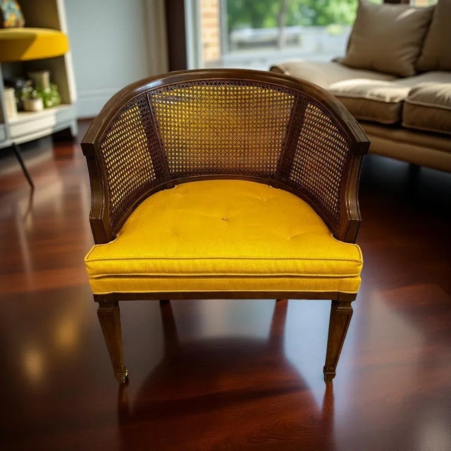 Traditional Vintage Cane-Back Barrel Chair With Yellow Upholstered Seat (Nice) For Sale - Image 3 of 10
