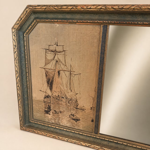 Nautical Antique 1920s La France Jacquard Tapestry Ship Mirror With Carved Crest For Sale - Image 3 of 7