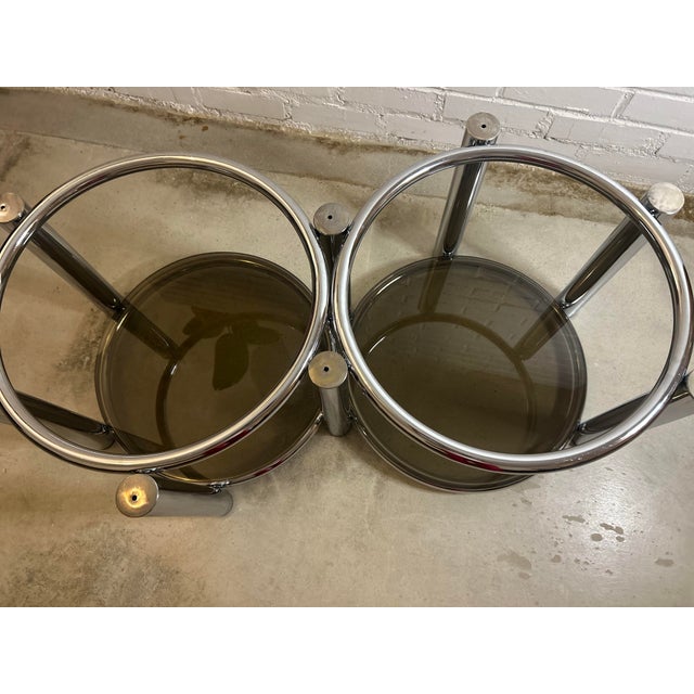 Metal 1970s Chrome & Smoked Glass Oval Coffee Table, Paul Mayen Style - Interlocking Ring Base For Sale - Image 7 of 7