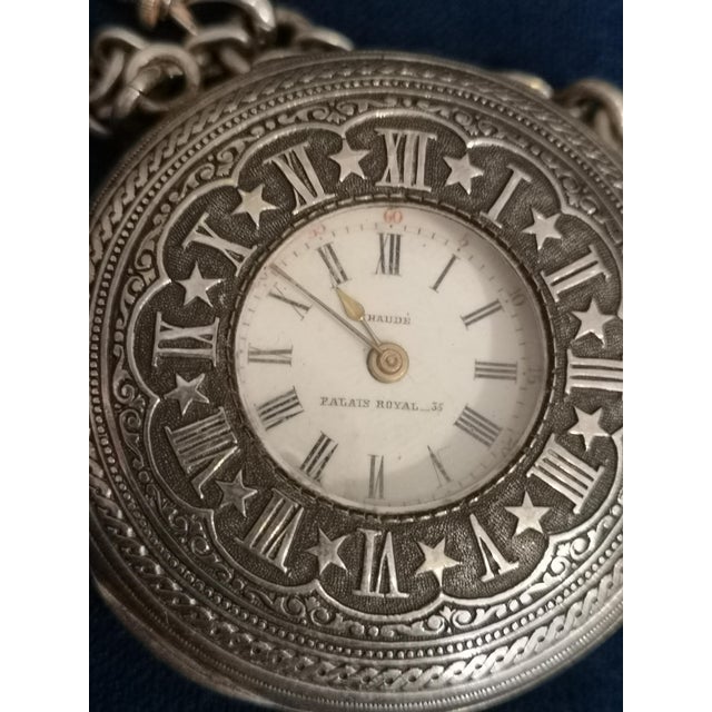 French Sterling Silver Pocket Watch with Chain For Sale - Image 16 of 18