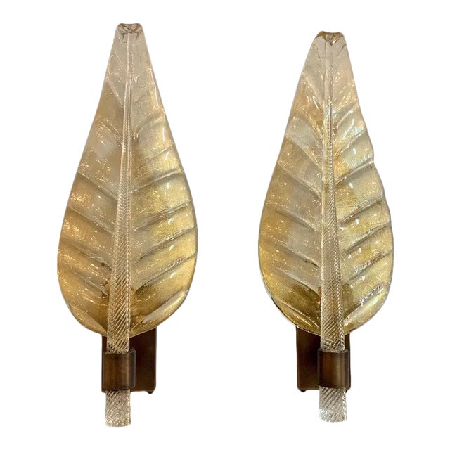 Large Scale Murano Glass Leaf Form Sconces - a Pair For Sale