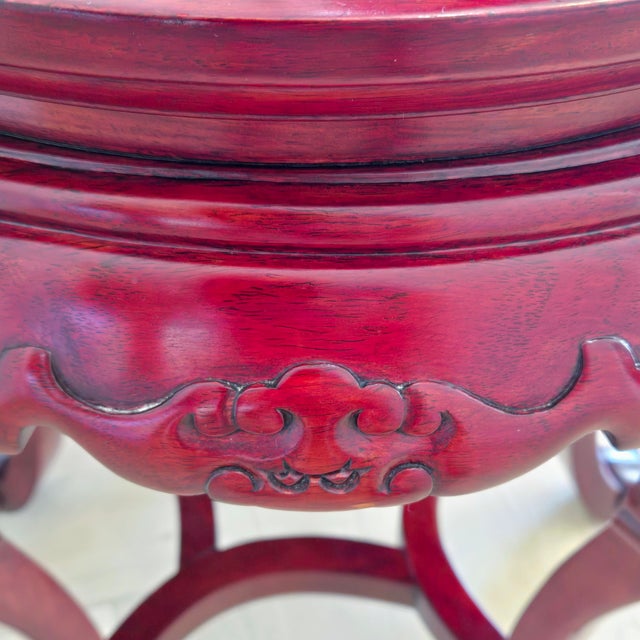 Red Mid 20th Century Chinese Cloisonné Inset Round Rosewood Accent Table With Carved Base For Sale - Image 8 of 12