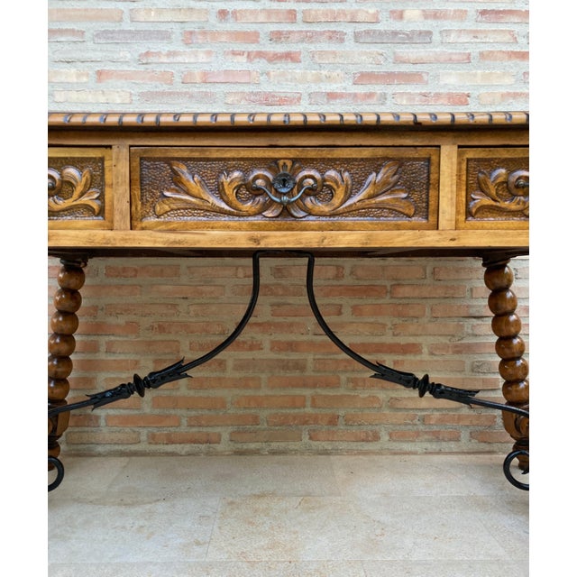 19th Century French Hand Carved Oak Desk with Iron Stretcher For Sale - Image 18 of 18