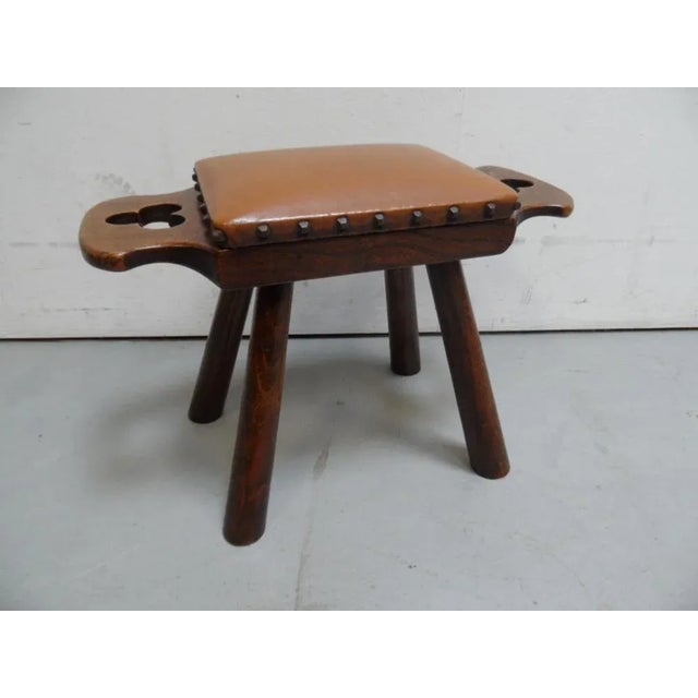 Vintage Oak Milk Stool with Leather Top, 1890s For Sale - Image 3 of 8