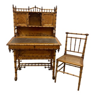 Late 20th Century Aesthetic Movement Faux Bamboo Bird's-Eye Maple Secretary Desk & Original Chair Attributed to r.j. Horner For Sale