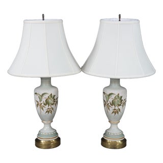 Vintage Mid 20th Century Hand Painted Porcelain Floral Trophy Urn Table Lamps Filigree Brass - Pair For Sale