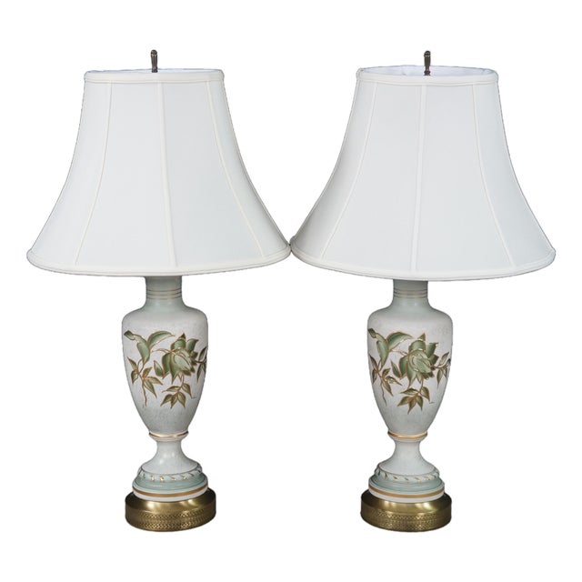 Vintage Mid 20th Century Hand Painted Porcelain Floral Trophy Urn Table Lamps Filigree Brass - Pair For Sale