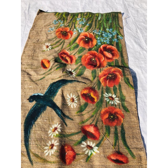 Vintage Hand painted (Floral and Bird ) Over Coarse Juth 29.5"L X 17.5"W, It is not signed Excellent condition,