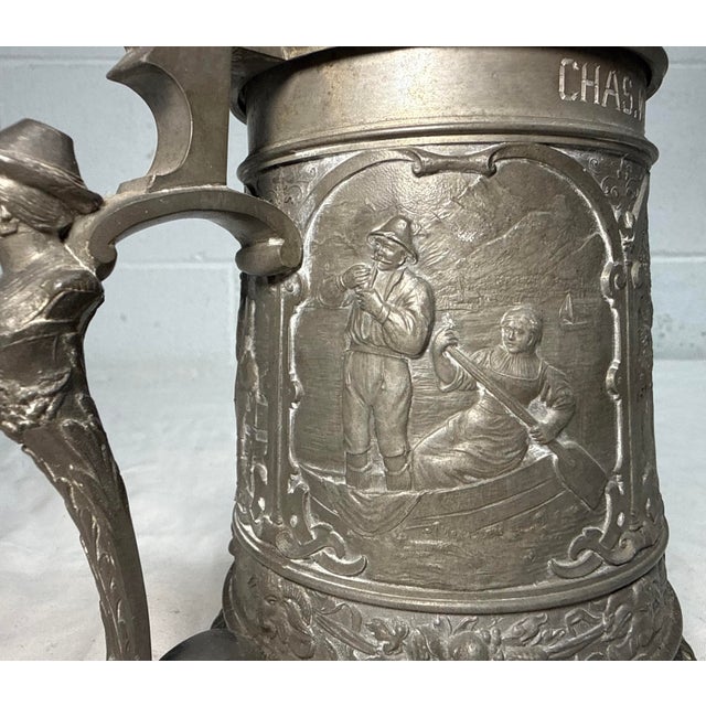 Antique Ornate 1900 Figural German Pewter Lidded Engraved Relief Beer Stein Mug For Sale - Image 11 of 15