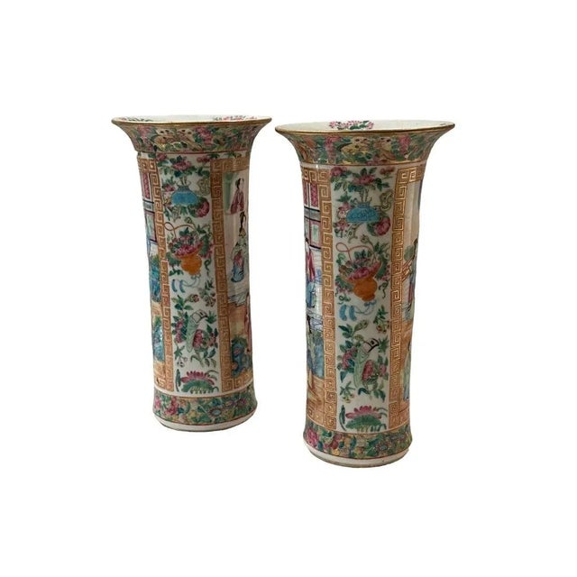 Asian Rose Medallion Trumpet Vases - a Pair For Sale - Image 3 of 8