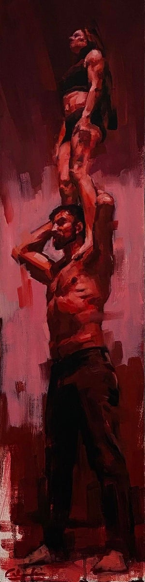 Deep Breath by Calvin Lai | Oil on canvas and wood panel depicting a man lifting a woman above his head.