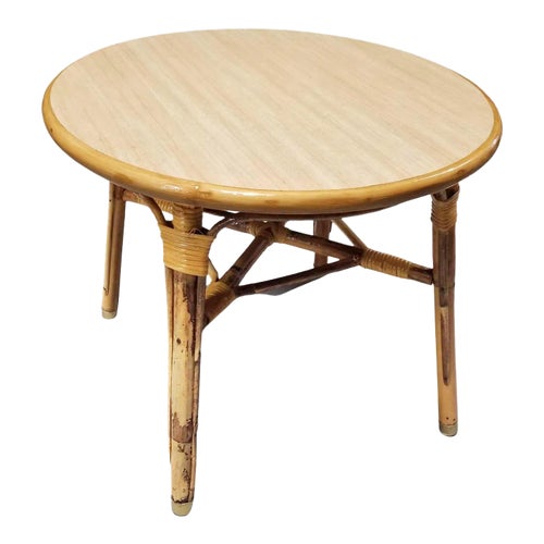1950s Restored Rattan Small Round Side Table