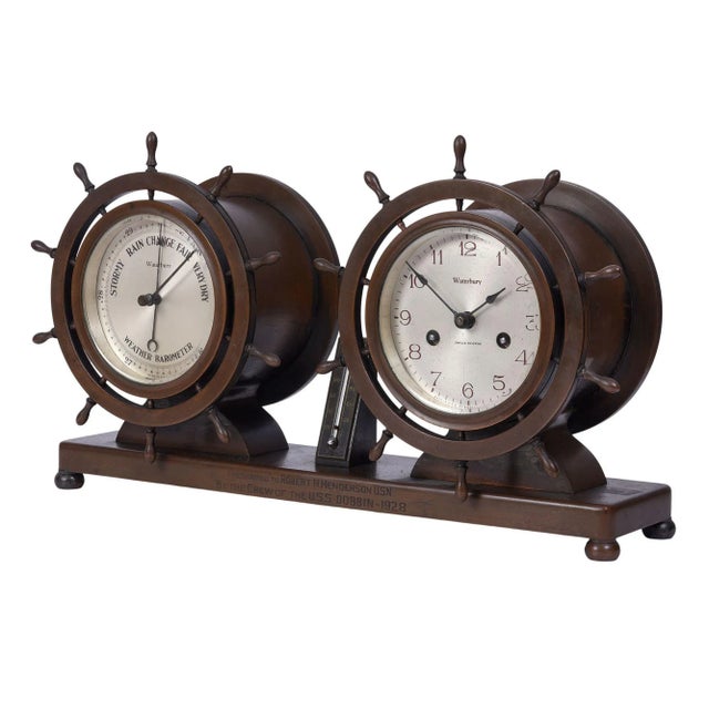Vintage American Waterbury ships wheel clock & weather station, circa 1928. This eight day clock has a ships wheel motif...