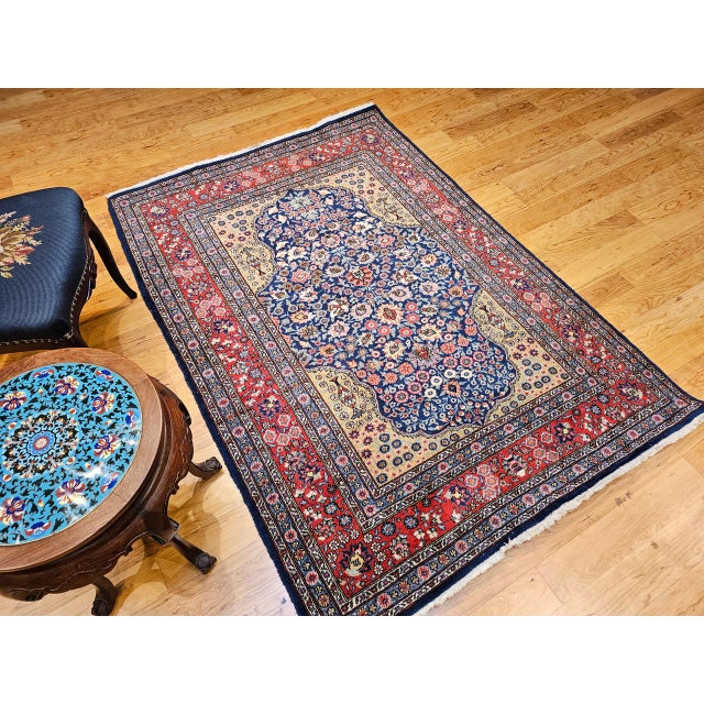 Vintage Persian Tabriz Area Rug, Hand-Knotted Wool, Floral Pattern, Navy & Red, 4x6 For Sale - Image 14 of 15