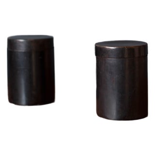 Vintage Black Leather Organizing Cylinder Storage Container Bins, Italy 1970's For Sale