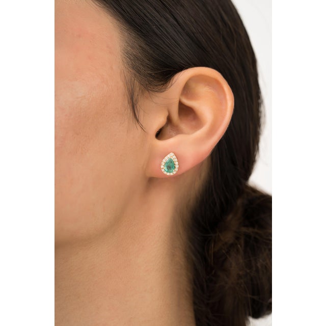 Green Handcrafted 1.37ct Pear Emerald & Diamond Halo Stud Earrings in 18k Yellow Gold- A Pair For Sale - Image 8 of 14