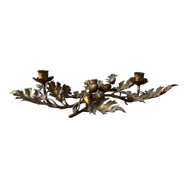 Vintage Italian Tole Gilt Candleholder – Oak Leaf + Acorn Motif For Sale